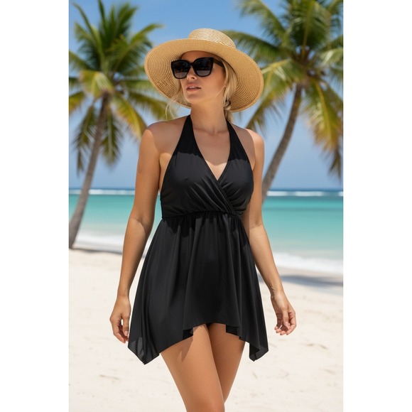 Cupshe Other - NEW Cupshe Black Halter‎ Medium Swim Dress Skort Swimwear One Piece
